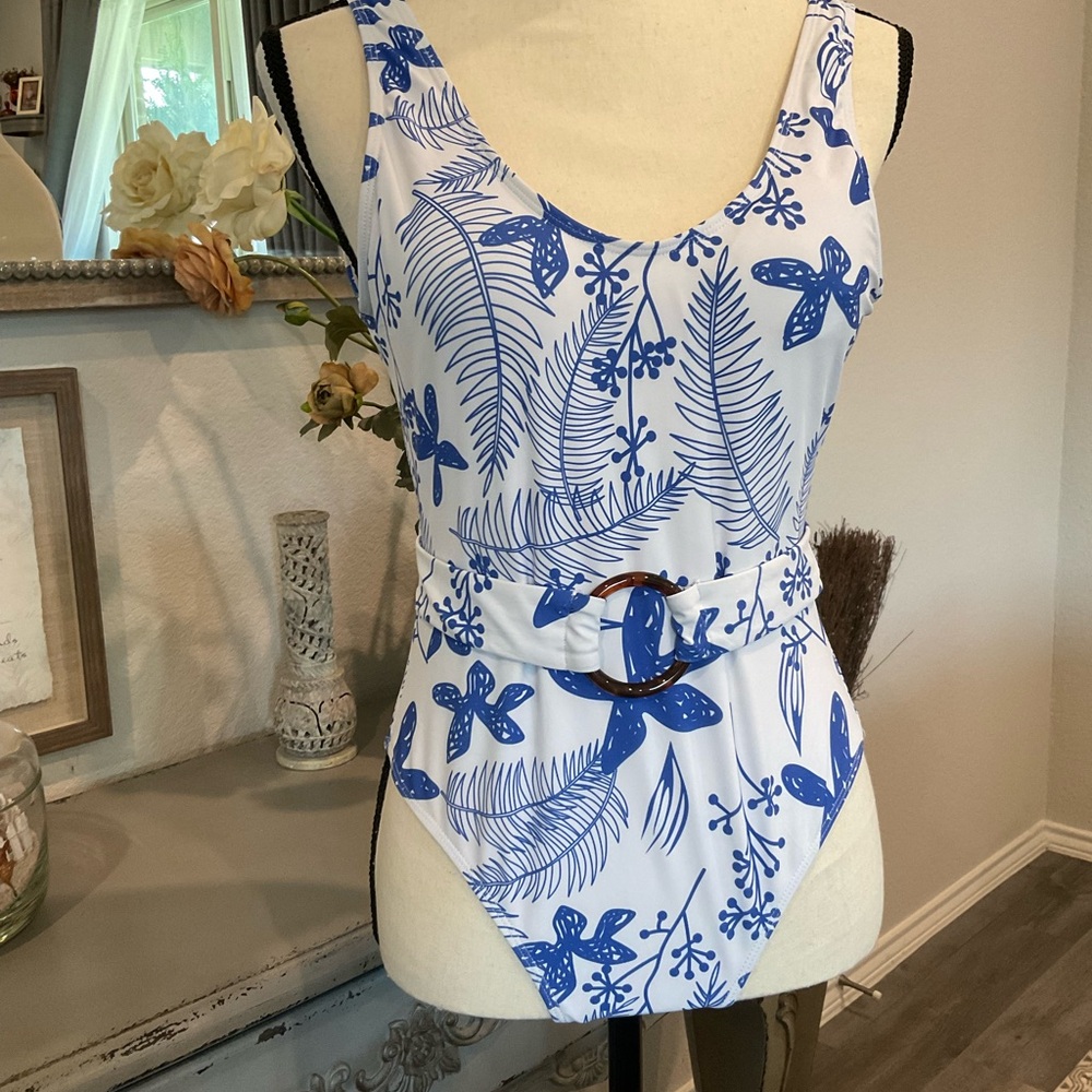 Blue and White Floral Swimsuit and Swim Jacket